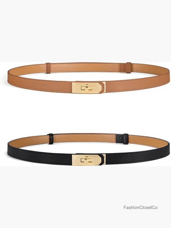 Skinny Leather Belt with Turn-Lock Buckle - Adjustable Thin Belt for Dresses,